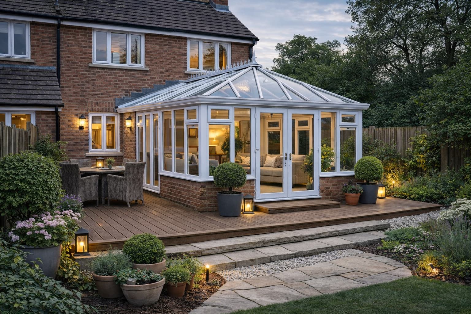 Conservatory extension on a red brick semi detached house in Halifax with wooden decking and landscaped garden